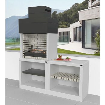 Barbacoa con chimenea Vilamoura con mesa lateral Superficie parrilla: 71,5 x 53 cm - Hormigón - Blanco/Negro