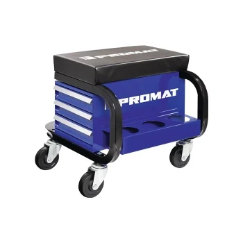 Asiento Con Cajones Para Taller Con Ruedas Y Balda Acolchado De Cuero Azul/Negro. Promat