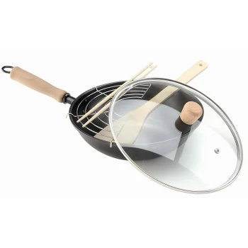 SartéN Wok Tapa Cristal 28Cm Pinzas Madera Acero. Oroley