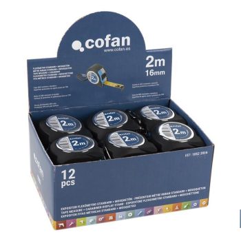 Expositor de flexómetros - Material: cartón HDPE - 12 flexómetros incluidos - Medidas: 258 x 155 x 60 mm